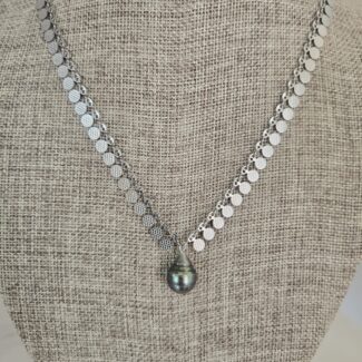 Collar "Piña" con cadena de acero plateado y perla de Tahití